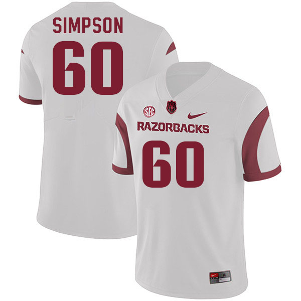 Men #60 Payton Simpson Arkansas Razorback College Football Jerseys Stitched Sale-White - Click Image to Close